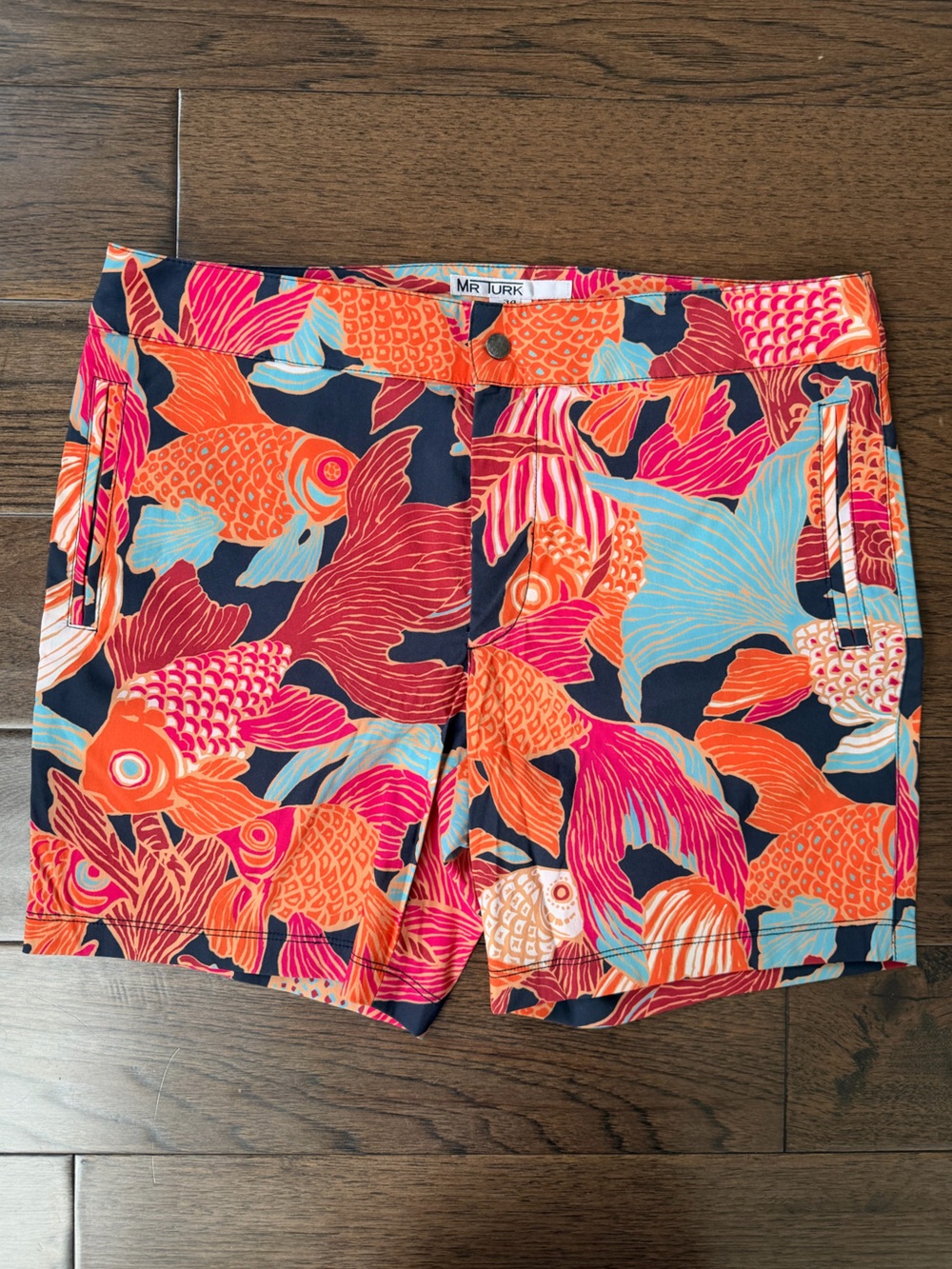 Mr Turk Navy Swim Trunks with Orange & Pink Koi Print